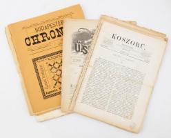 1843-1859-1878 Vegyes újság tétel, 8 db.  1843 Pesti Hírlap 2 hiányos száma. Az egyik 1843. jan. 29., 217-es szám, a másik beazonosításra vár., foltosak, szakadtak.   1859 Vasárnapi Ujság 1859. nov. 6., VI. évf. 45. szám. Szerk.: Pákh Albert. Pest, Landerer és Heckenast-ny., díszes fametszetű címlappal, szakadt, 529-540 p.  1863 Koszorú. Szépirodalmi s általános míveltségi terjesztő. 1863. máj. 17. 457-472 p. Hiányos, 4 lap hiánnyal.   1866 Pesti Napló 1866. szept. 20. 17. évf. 216. sz. Pest, Emich Gusztáv-ny., 4 sztl. lev. Korabeli hírekkel, vasúti és gőzhajó menetrenddel, korabeli árakkal.;   1867 Fővárosi Lapok. 1867. aug. 10., IV. évf. 183. sz. Szerk.: Vadnai Károly. Pest, Emich Gusztáv-ny., 729-732 p.;   1875 Üstökös. 1875. május 8., XXVII. köt. 19. sz. Bp., Athenaeum-ny., 227-238 p.   1878 Budapester Chronik 1878. okt. 6. III. évf. 33. szám. Bp., Markus L.-ny., német nyelven, leszakadt borítóval, 12 p.