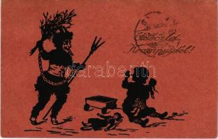 1924 Üdvözlet a Krampusztól / Krampus art postcard with birch, pitchfork, chains, little girl and toys