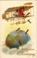 1915 Gruss vom Krampus / Krampus with aircraft, birch and Earth globe. SB Special 5101. Emb. litho