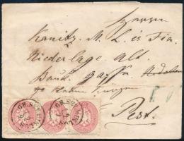 1865 5kr hármascsík levélen / stripe of 3 on cover "GR.SZT.MIKLÓS" - Pest