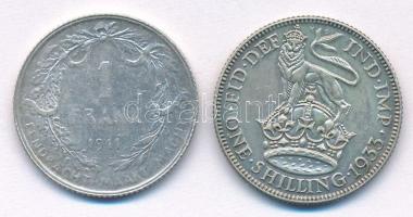 Belgium 1911. 1Fr Ag "I. Albert" + Nagy-Britannia 1933. 1Sh Ag "V. György" T:VF,...