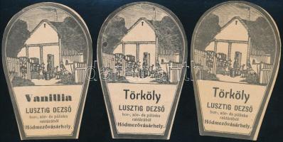 3 db régi italcímke, Lusztig Dezső Hódmezővásárhely, Vanillia és Törköly pálinka, 10x6,5 cm