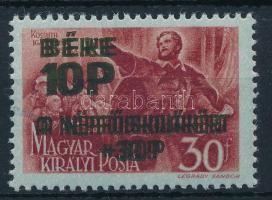 1945 Béke 10+30P/30f kettős felülnyomással / Mi 777 with double overprint. Certificate: Visnyovszki