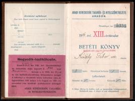 1916 Aradi Kereskedők Takarék- és Hitelszövetkezete betéti könyv hadikölcsön-jegyzés törlesztésére (...