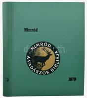 1979 Nimród. A Magyar Vadászok Országos Szövetségének a lapja, 1979-es, 1-10,12. számai, nem teljes évfolyam. Izgalmas képanyaggal. Igényes egyedi átkötött egészvászon-kötésben, Nimród 1979 felirattal a borítón, és Nimród - A vadászok bibliája címkével.