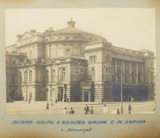 cca 1920-1930 Leningrád, Mariinszkij Színház, történelmi opera- és balettszínház Szentpéterváron, Oroszországban, Kirov-balett, Rómeó és Júlia, Csipkerózsika, Hattyúk tava, A bronzlovas stb. balettelőadások fellépőinek nevesített portréi, albumba ragasztva feliratozva, 20×28 és 18×13 cm / Russian ballet album, Mariinsky Theatre, Saint Petersburg, photos with description