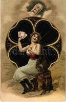 Kártyajósló cigány lány / Gypsy Card fortune teller. Art Nouveau litho (fl)