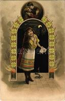 Kártyajósló cigány lány / Gypsy Card fortune teller. Art Nouveau litho (EK)