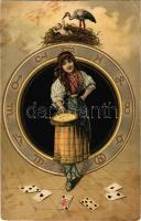 Kártyajósló cigány lány / Gypsy Card fortune teller. Art Nouveau litho (EK)