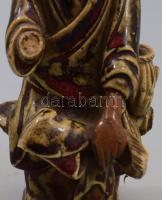 Kínai kereskedő figura, mázas, samottos kerámia, XIX. sz. Kissé sérült / Antique Chinese ceramic fig...