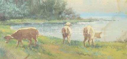 Jelzés nélkül: Legelő juhok. Tempera, papír. Foltos. Üvegezett, kissé sérült fakeretben. 21,5x29,5 c...
