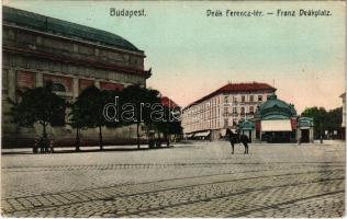 1909 Budapest V. Deák Ferenc tér, Lichtscheindl Étterem háromemeletes épülete (helyén ma a The Ritz Carlton szálloda áll), Reinisch Testvérek élővirág csarnoka, angol szabó, Komlós Vilmos és Fried üzlete, evangélikus templom, lovas csendőr (EK)