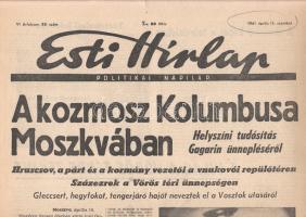 [Folyóirat] ,,A kozmosz Kolumbusa Moszkvában. Helyszíni tudósítás Gagarin ünnepléséről. Az Esti Hírlap politikai napilap lapszáma Jurij Gagarin őrnagy első űrutazásának megünnepléséről. (VI. évfolyam, 88. szám, 1961. április 15.) Budapest, 1961. Szikra Lapnyomda. [6] p. Folio. A második világháborút követően jelentős fegyverkezési verseny kezdődött a világ két szuperhatalma, az Egyesült Államok és a Szovjetunió között, melyek során folyamatosan fejlesztették a másik fél megfigyelését szolgáló repülőtechnikát és az atombombát is szállítani képes, interkontinentális ballisztikus rakétatechnológiát. Ennek a versengésnek volt az eredménye a nyugati világot sokkoló Szputnyik-1 műhold fellövése 1957 októberében, melyet a szovjet hírközlés nagy diadallal jelentett be. A nyugati világot főképpen azért sokkolta a több hónapig a Föld körül keringő szovjet műhold jelenléte, mert a műhold elérhetetlen kémeszközként a világ bármely pontja megfigyelésének veszélyét hordozta magában, illetve megdőlt az az elmélet, miszerint a Szovjetunió csupán katonai nagyhatalom, technológiai értelemben azonban jócskán lemaradt a nyugati világtól. Jóllehet a szovjetek által fellőtt első műhold nyomán kitört pánik egyebek között a NASA megalakulásához vezetett, 1961-ben újabb szovjet diadal született a Vosztok-1, az első embert szállító űrhajó fedélzetén Jurij Gagarin másfél órás űrútjával. Lapszámunk ezúttal már nem az 1961. április 12-i másfél órás űrutazást méltatja, hanem a nyomában rendezett grandiózus ünneplést, Hruscsov és Gagarin közös képeivel, a szovjet közoktatás magasztalásával, illetve a világ minden részéről érkezett gratulációk szemlézésével. Lapszámunk ismételten megerősíti a szovjet értelmezést, miszerint (egyes rosszindulatú nyugati vélekedésekkel szemben) az űrutazás nem katonai, hanem pusztán tudományos célzatú volt, a Szovjetunió békeszózata is ennek jegyében hangzott el. Lapszámunk utolsó oldalán sporthírek és budapesti rövidhírek. Jó állapotú lapszám.