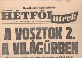 [Folyóirat] ,,A Vosztok-2 a világűrben. Vasárnap reggel hét óra óta kering a Föld körül Tyitov őrnagy állandó kapcsolatban a Földdel. Az űrhajó kézi berendezéssel is kormányozható A Hétfői Hírlap politikai napilap különkiadása a második szovjet űrrepülésről. (1961. augusztus 6.) Budapest, 1961. Zrínyi Nyomda. [4] p. Folio. A második világháborút követően jelentős fegyverkezési verseny kezdődött a világ két szuperhatalma, az Egyesült Államok és a Szovjetunió között, melyek során folyamatosan fejlesztették a másik fél megfigyelését szolgáló repülőtechnikát és az atombombát is szállítani képes, interkontinentális ballisztikus rakétatechnológiát. Ennek a versengésnek volt az eredménye a nyugati világot sokkoló Szputnyik-1 műhold fellövése 1957 októberében, melyet a szovjet hírközlés nagy diadallal jelentett be. A nyugati világot főképpen azért sokkolta a több hónapig a Föld körül keringő szovjet műhold jelenléte, mert a műhold elérhetetlen kémeszközként a világ bármely pontja megfigyelésének veszélyét hordozta magában, illetve megdőlt az az elmélet, miszerint a Szovjetunió csupán katonai nagyhatalom, technológiai értelemben azonban jócskán lemaradt a nyugati világtól. Újabb diadalnak számított szovjet oldalon - és a nyugati szorongás újabb epizódját szolgáltatta - az első űrrepülés, Jurij Gagarin útja a Vosztok-1 űrhajó fedélzetén, melynek során másfél óra alatt teljes fordulatot hajtott végre a föld körül. (1961. április 12.) Lapszámunk a következő nagy lépésről, German Tyitov őrnagy űrutazásáról számol be a Vosztok-2 űrhajó fedélzetén, a legnagyobb elragadtatás hangján. Az 1961. augusztus 6-án indult űrutazás nagyjából 25 órán át tartott, melynek során az űrhajó 17 alkalommal kerülte meg a Földet. Illusztrált lapszámunk előzőleg elkészült, illetve előre elkészített, diadalittas nyilatkozatokat közöl a valóban jelentős eseményről, magasztalja a szovjet tudományt, illetve Nyikita Szergejevics Hruscsov első titkárt. A még le sem zárult űrutazás napján megjelent lapszám csaknem egésze az űrutazás részleteivel, illetve sajtóvisszhangjával foglalkozik. Jó állapotú lapszám.