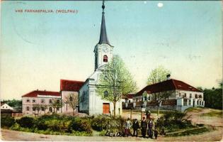 1914 Vasfarkasfalva, Farkasfalva, Wolfau; Római katolikus népiskola, templom / Schule, Kirche / school, church