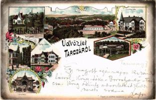 1898 (Vorläufer) Tarcsa, Bad Tatzmannsdorf; Mária és Carolina villa, Schweitzi ház, gyógyudvar, Forrás épület, Colonnade. Frankl és Ledofsky kiadása / Kurhof, Quelle / spa, villas, fountain, covered promenade. Art Nouveau, floral, litho (EK)