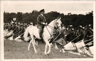 1933 Gödöllő, Cserkész Világ Jamboree, Horthy Miklós fehér lovon zászlókat tartó cserkészek előtt / IV. Scout Jamboree, Horthy on white horse. photo