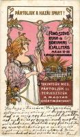 1900 Budapest, Fonó-, Szövő-, Ruha- és Bőripari Kiállítás a Városligeti Iparcsarnokban. Pártoljuk a hazai ipart! Werbőczy Könyvnyomda Rt. kiadása,szecessziós reklám / Hungarian Exhibition of Spinning, Weaving, Clothing and Leather. Art Nouveau, litho (r)