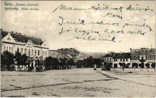 1932 Ipolyság, Sahy; Ciastka námestie / Fő tér, Hotel Lengyel szálloda, Jakub Neumann üzlete és saját kiadása / main square, hotel, publisher's shop