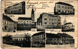 1914 Miava, Myjava; Római katolikus templom és iskola, Evangélikus templom, Kir. Járásbíróság, Községháza, Új evangélikus paplak, régi és új evangélikus iskola, izraelita (zsidó) iskola, Állami iskola / Catholic church and school, Lutheran church, parish and school, Jewish school, state school (kopott sarkak / worn corners)