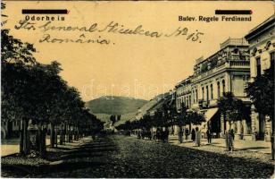 1931 Székelyudvarhely, Odorheiu Secuiesc; Bulev. Regele Ferdinand / Kossuth utca, Budapest szálloda. Erdélyi Simon kiadása. 1752. (W.L. ?) / street view, hotel (kis szakadás / small tear)