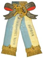 ~1930. "Katholikus Legényegylet Sopron" aranyozott, festett fém jelvény szalaggal (25x50mm) T:AU / Hungary ~1930. "Catholic Boys Club Sopron" gilt, painted metal badge with ribbon (25x50mm) C:AU