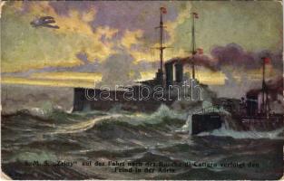 SMS Zrínyi und Torpedoboot Cobra auf der Fahrt nach der Bocche di Cattaro verfolgt den Feind in der Adria. K.u.K. Kriegsmarine. Offizielle Postkarte des Österreichischen Flottenvereines zu Gunsten der Kriegsfürsorge. Postkartenverlag Brüder Kohn B.K.W.I. / SMS Zrínyi az Osztrák-Magyar Haditengerészet Radetzky-osztályú pre-dreadnought csatahajója és a "Cobra" torpedónaszád úton a kotori öbölbe / WWI Austro-Hungarian Navy SMS Zrínyi Radetzky-class pre-dreadnought battleship and "Cobra" torpedo boat on their way to the Bay of Kotor. s: Alex Kircher (EK)