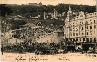 1905 Budapest I. Döbrentei tér, Tabán, Szent Gellért szobor, piac, Café Erzsébet híd kávéház, Steinfeldi sörház. Taussig Arthur 3402.