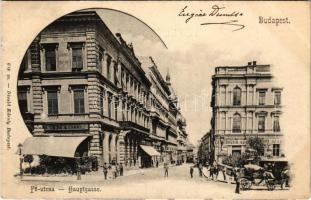 1901 Budapest I. Budai Fő utca, Berger üzlete, Takarékpénztár. A bal oldali épület a háborúban elpusztult, mostanában építették be. Divald Károly 632. sz.