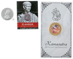 3db-os fantázia- és replika érmetétel, benne: Claudius római császár denariusa, Kanada 1911. 1$ "COPY" jelzéssel és "Kámaszutra - Jádekötelék" aranyozott Cu multicolor érem, német nyelvű leírással T:UNC