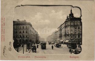 1900 Budapest IX. Ferenc körút és Üllői út sarok, villamos. A jobb oldali épület a második világháborúban megsemmisült. Divald Károly 138. sz.