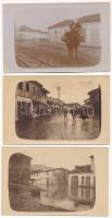 Durres, Durazzo; - 3 db régi fotó képeslap: keskeny nyomtávú katonai vasút sínszerkezete és az özönvízszerű esőzés utáni helyzet / 3 pre-1945 photo postcards: K.u.K. military, narrow gauge field railway before and after heavy rain