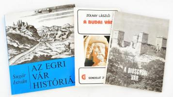 3 db várakkal kapcsolatos kötet: Sugár István: Az egri vár históriája. Bp., 1991. Zrínyi. Szövegközi illusztrációkkal. Kiadói papírkötésben + Zolnay László: A budai vár. Bp., 1981, Gondolat. Színes fotókkal illusztrált. Kiadói papírkötésben + Czeglédy Ilona: A diósgyőri vár. Bp., 1971, Corvina. Fekete-fehér fotókkal illusztrált. Kiadói papírkötésben.