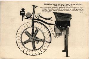 Conservatoire National des Arts & Métiers, Paris. Moteur rotatif a 5 cylindres a vapeurs de pétrole, construit par M. Millet en 1887 et adapté a la roue avant dun tricyce a deux places. Don de M. Félix Millet en 1910. / 5 hengeres petróleum gőz forgómotor, amelyet Mr. Millet épített 1887-ben, és egy kétüléses tricikli első kerekéhez igazították / National Conservatory of Arts & Crafts, Paris. 5-cylinder rotary engine with petroleum vapor, built by Mr. Millet in 1887 and adapted to the front wheel of a two-seater tricycle