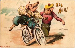 1899 (Vorläufer) All Heil! / Kerékpározó malac / Pig on bicycle. K. Sr. K. M. 1408. litho (fl)