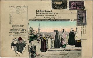 Mostar, mosque. Montage with postal order, postman and stamps. Verlag Pacher & Kisic 836/1907.