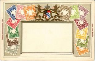 Bayern / Bajor bélyegek és címer, dombornyomott litho / Bavaria - Set of stamps and coat of arms. Ottmar Zieher Philatelie-Ansichtskarte. Emb. litho (lyukak / pinholes)