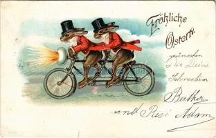 1901 Fröhlichte Ostern / Húsvéti üdvözlet, nyulak tandem kerékpáron / Easter greeting, rabbits on tandem bicycle. litho (Rb)