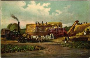 1918 Hofherr és Schrantz gépgyár reklámlapja cséplőgéppel / Hungarian agricultural machine factory advertisement card with threshing machine, litho (gyűrődés / crease)