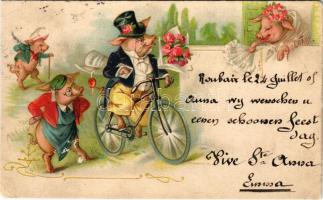 1905 Kerékpározó malac / Pig on bicycle. litho (ázott / wet damage)