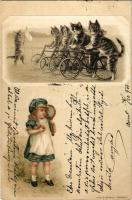 1901 Macska kerékpáros verseny / Cat bicycle race. Koch & Bitriol litho