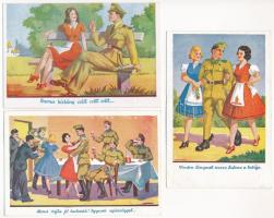 3 db régi magyar nótás katonai humor művészlap, Klaudinyi aláírásával / 3 pre-1945 Hungarian military humour art postcards, signed by Klaudinyi