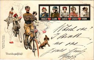 1899 (Vorläufer) Unwiderstehlich! Laura, Resi, Hilda, Peperl, Susi. Radfahrer-Postkarten v. M. Seeger / Ellenállhatatlan kerékpáros férfi / Irresistible cyclist man, ladies in bicycles. Art Nouveau s: Ernst Platz (fl)