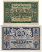 Német Birodalom 1915. 20M + Német Birodalom / Weimari Köztársaság 1920. 10M T:VF,AU szép papír German Empire 1915. 20 Mark + German Empire / Weimar Republic 1920. 10 Mark T:VF,AU