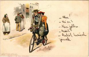 1898 (Vorläufer) Kerékpáros művészlap. Farb. Radfähr-Karte No. 4. v. L. Schaller, Kanitz C. és fiai / Bicycle art, litho s: Gubitz