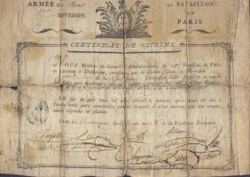 1792 Francia állampolgársági igazolás a dunkerquei helyőrségtől Marót Simon részére (rossz állapotban) / 1792 French certification of citizenship from the Dunkerque garnison (damaged)
