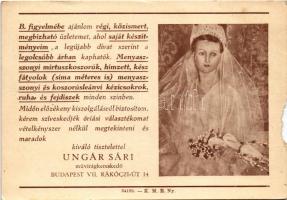 1941 Ungár Sári menyasszonyi koszorú-, fátyol- és művirágüzlete reklámja. Budapest VII. Rákóczi út 1...