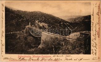 1902 Mostar, Bahnstrecke,. Lukasschluchtbrücke mit Ausblick auf die Prenj-Gruppe / railway track, bridge (ázott / wet damage)