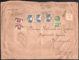 1935 Korai nagy alakú értéklevél 7 bélyeges bérmentesítéssel Budapestre a Nemzeti Banknak címezve / Insured cover from Paris to Budapest