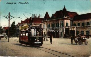 1920 Nagyvárad, Oradea; Pályaudvar, vasútállomás, villamos. Boros Jenő kiadása / railway station, tram (EK)